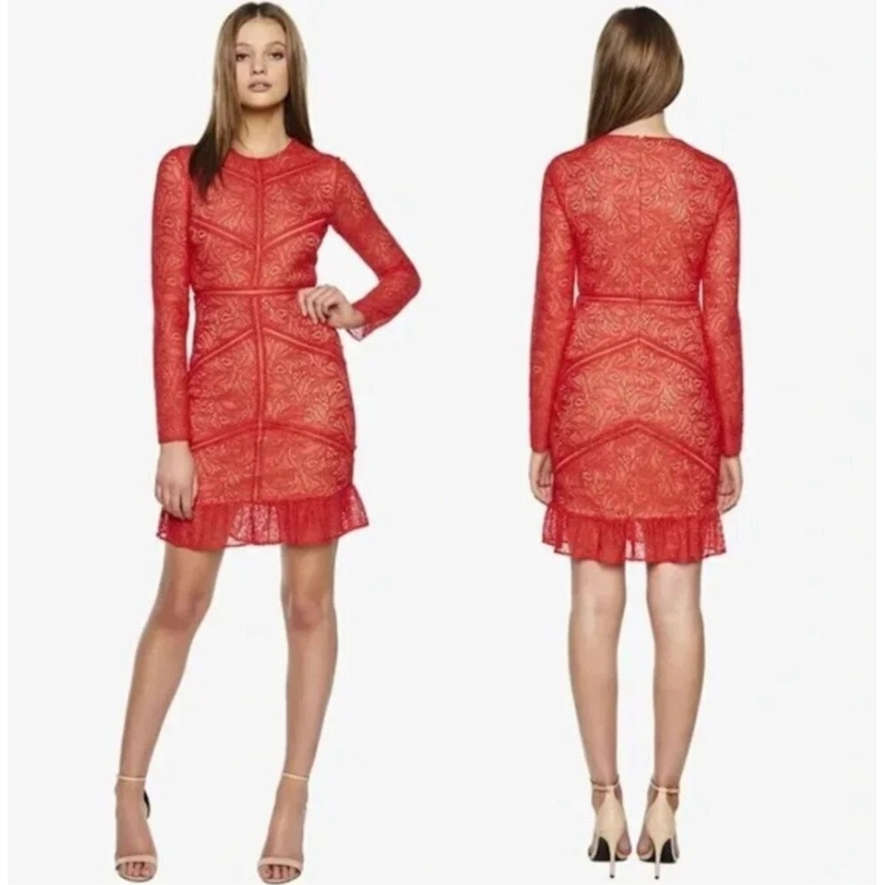 Bardot Sasha Lace Dress Women 10 Red Sheer Long Sleeve Ruffle Hem Romantic Party